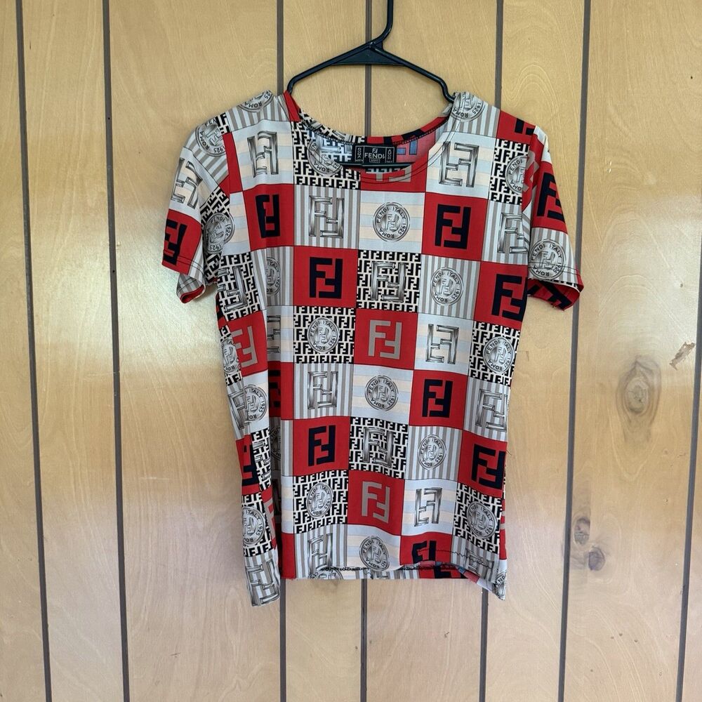 Vintage Fendi Jeans Logo Coin Print Shirt Size M Red Brown Top Women’s Blouse - Picture 7 of 13